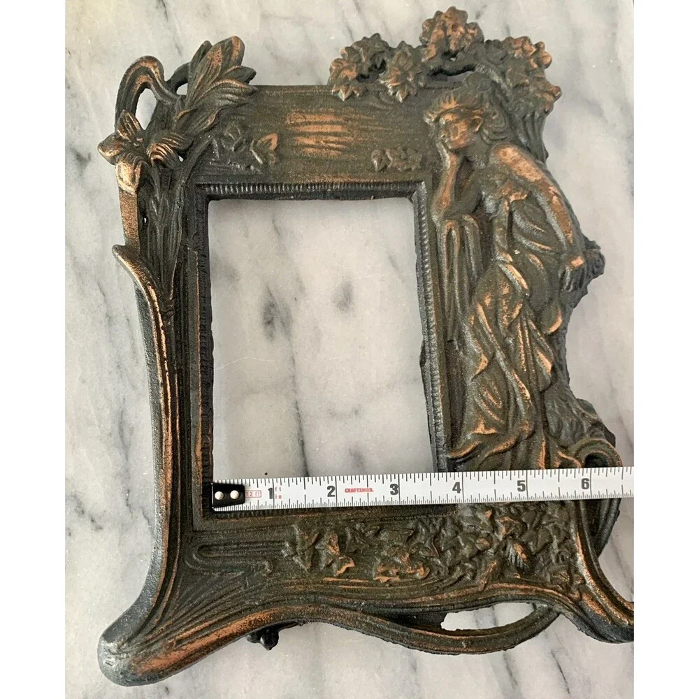 VTG Cast Iron W Copper Wash Photo Frame Art Nouveau Woman Floral w Stand